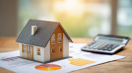 Hopeful planning for future home with house model and calculator on financial document representing property investment, mortgage calculation and real estate market