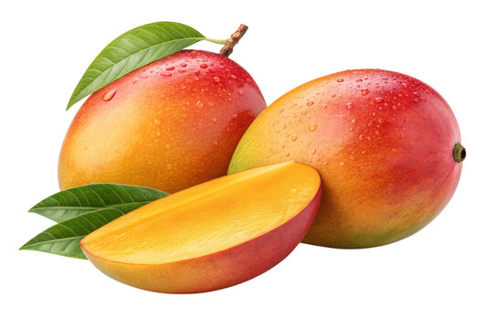 Two ripe red and yellow mangoes with a slice cut on a transparent background isolated on transparent background