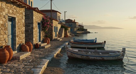 Seaside Village Charm: Tranquil Harbor Scene with Rustic Stone Buildings and Moored Boats