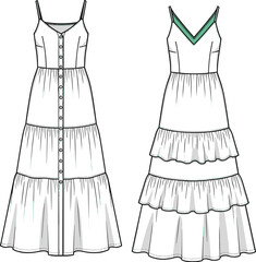 Fashion dress flat sketch, tiered dress vector, women’s summer outfit design, cad drawing, technical illustration, front and back view