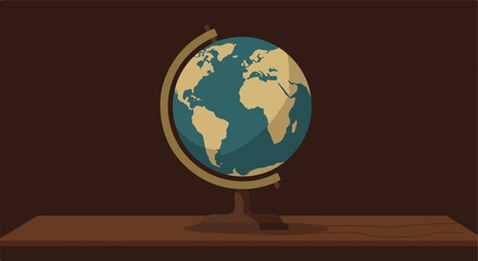 Globe rests on a brown wooden table against a darker brown background