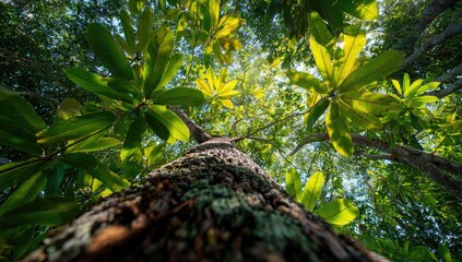 Fototapeta premium Lush green foliage canopy overhead, sunlight filtering through leaves, low angle view of a tree trunk