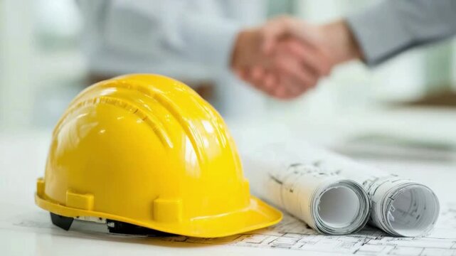 Construction Blueprint: A striking overhead shot showcasing a meticulously arranged yellow hard hat and detailed blueprints.