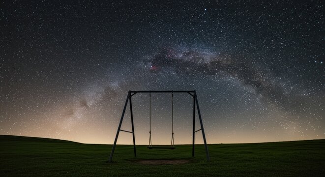 Swing set silhouette under a breathtaking milky way canvas of twinkling stars