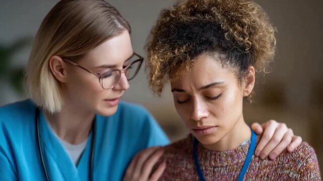 Empathy and Support: A caring individual offers comfort and support to a woman, in a heartfelt moment of connection and compassion. 