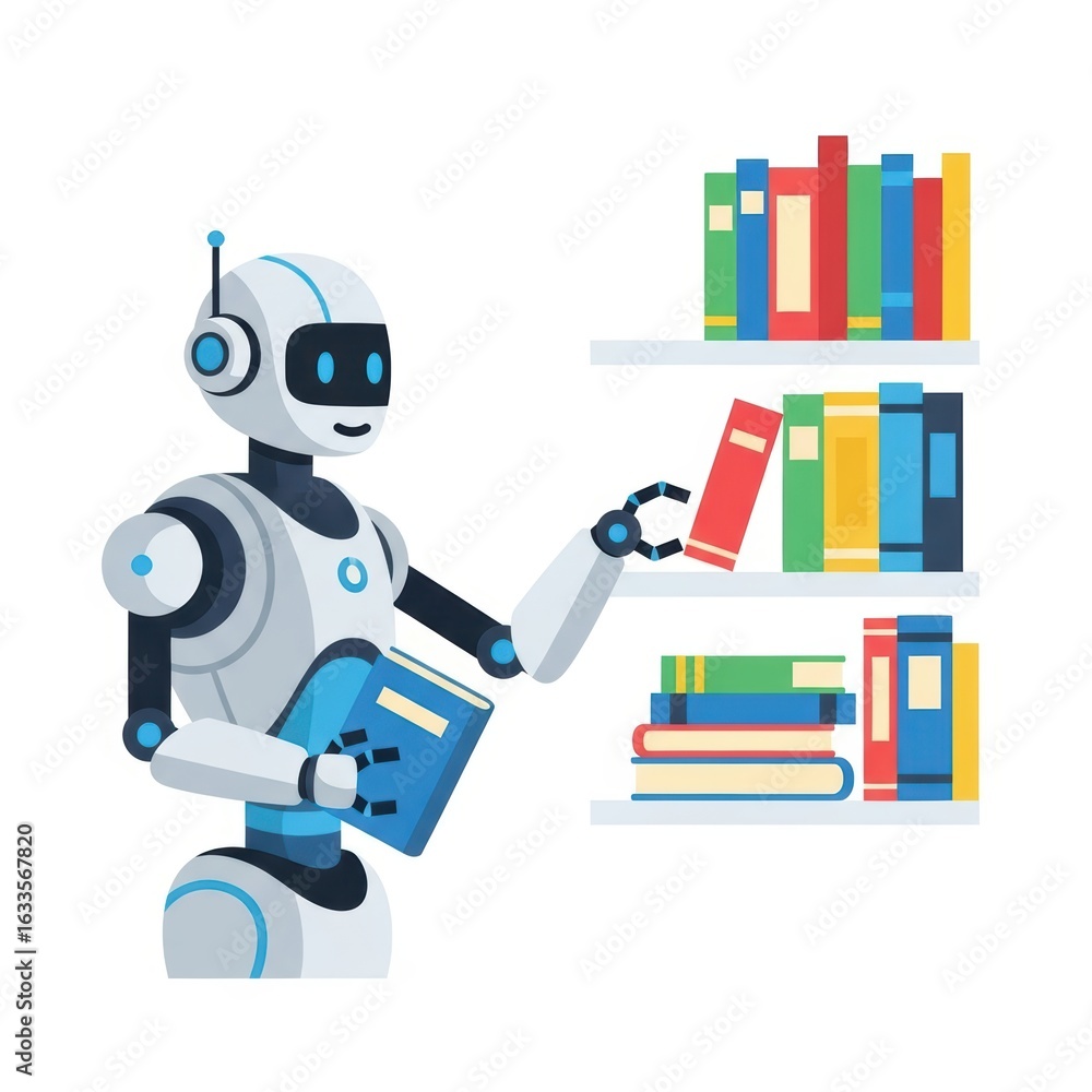 Poster ai robot organizing books on shelves in library setting