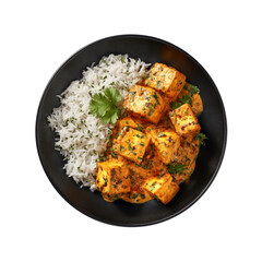 Delicious Palak Paneer with Basmati Rice in Black Bowl - Overhead View
