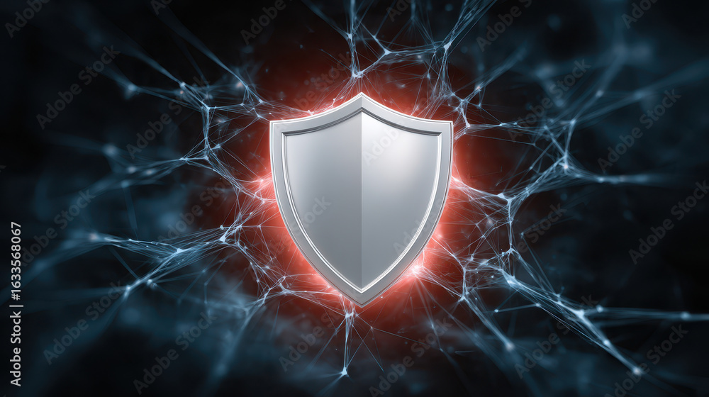 Poster abstract silver shield symbolizing security and protection, surrounded by complex digital neural net