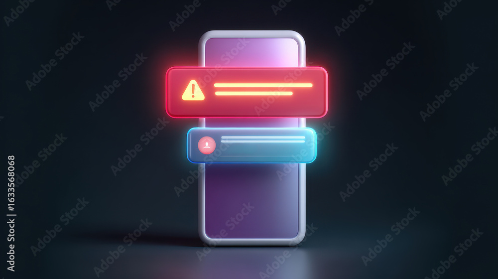 Poster smartphone screen with glowing red scam alert notification. urgent warning message on mobile phone i