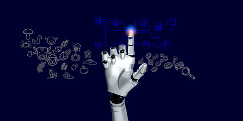 technology digital icon on robotic hand.The advent of AI is changing the business model from thinking to creating chats and prompt for AI to create work models