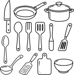Minimalist line icons of kitchen tools like knife, pan, spoon, spatula, bowl, ladle, and cutting board. Perfect for food, cooking, and restaurant designs. Vector and editable.