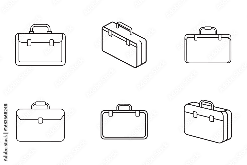 Poster set of isolated briefcase icons in different views for business and finance presentation design and 