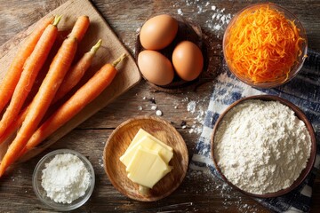 Ingredients for baking with carrots, eggs, and flour set on a rustic wooden table showcasing preparation for a delicious treat