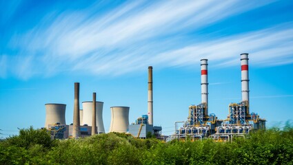 Obraz premium Modern Power Plant Complex with Cooling Towers and Stack Chimneys