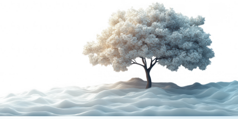 A solitary ethereal white tree with delicate branches and lush foliage stands majestically on a snowy landscape isolated on transparent background
