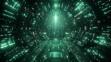 Futuristic tunnel with digital displays and a central bright light