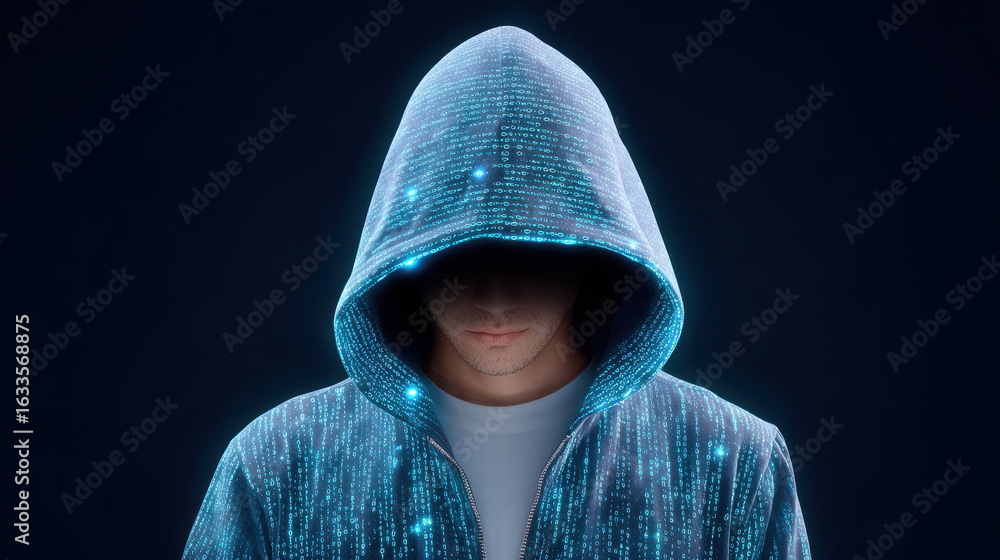 Poster anonymous hacker in blue digital hoodie representing future technology and cybersecurity. mysterious