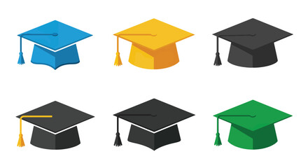 Graduation caps in various colors flat design