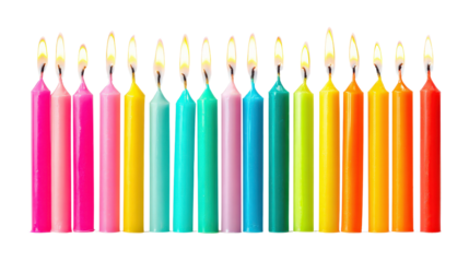 Birthday candles in bright neon colorsTransparent background, PNG file