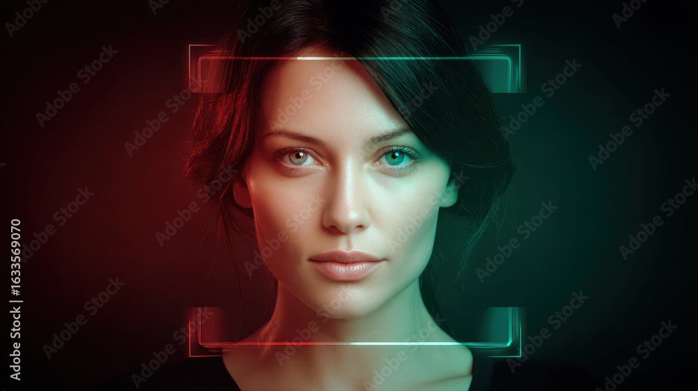 Poster futuristic face recognition system scanning beautiful woman face for security access. biometric tech