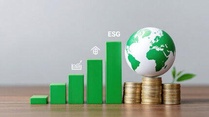 Hopeful ESG investing concept with green bar chart symbolizing growth. globe on stacked coins represents sustainable finance, social responsibility, and green future