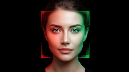Face recognition system scanning calm woman portrait for biometric security and identification. Futuristic technology concept with red and green light on dark background