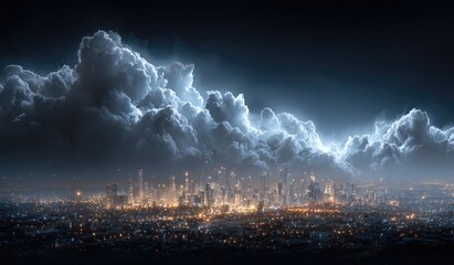 Obraz premium City skyline at night, dramatic clouds, lightning
