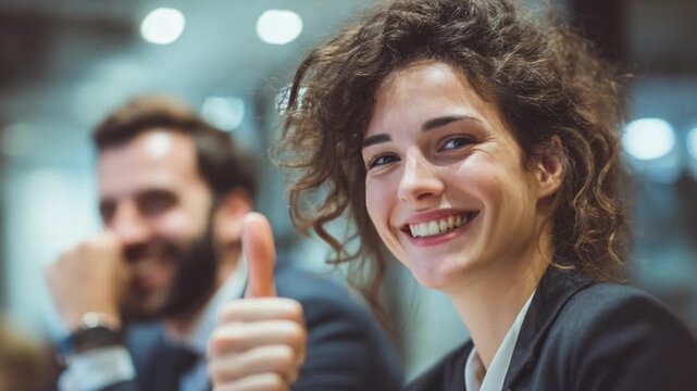 Empowering Agreement: A striking portrayal of a professional woman exudes an upbeat, affirming gesture. Alongside her, a man contributes to the scene, hinting at camaraderie and mutual accord.
