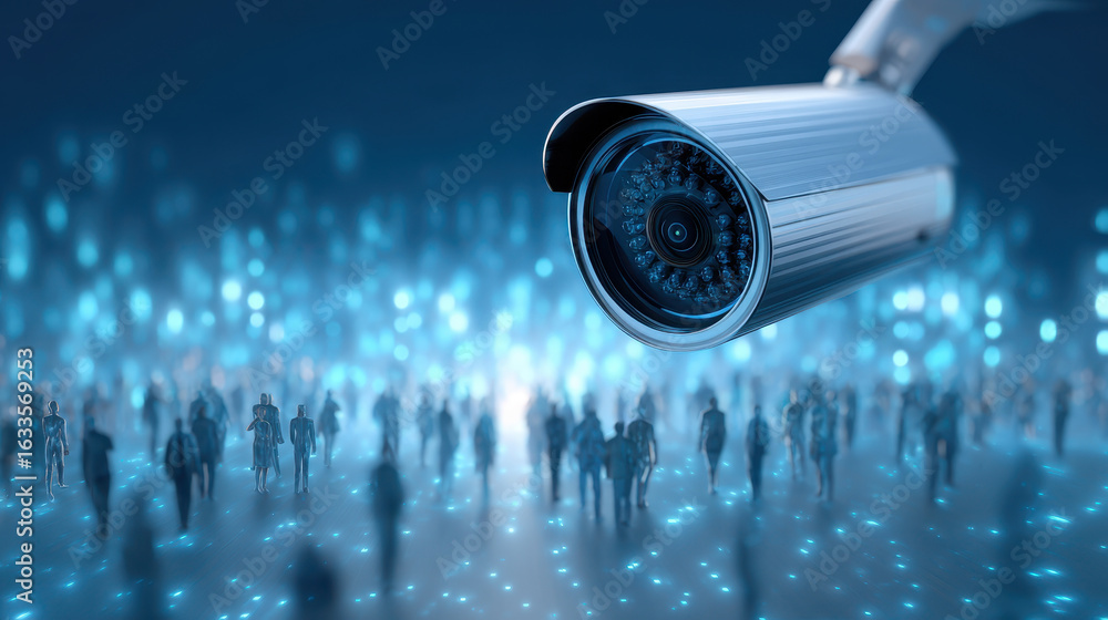 Poster futuristic security camera providing surveillance. technology with artificial intelligence scanning 
