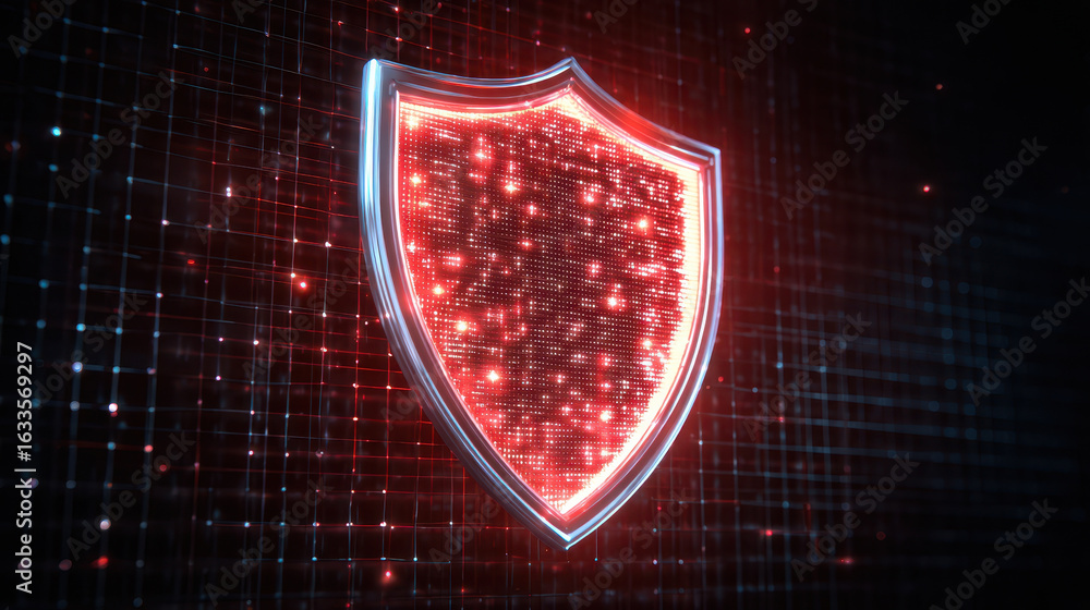 Poster powerful glowing red shield providing digital cyber security and protection. firewall technology con
