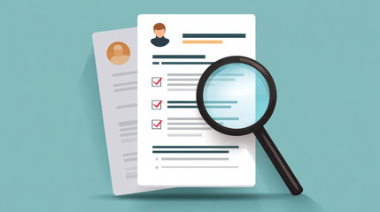 Focused review of candidate resume with magnifying glass. An illustration of skills based hiring, job search, and recruitment process with checklist for qualification