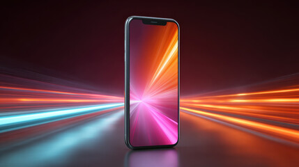 Futuristic smartphone with vibrant vertical screen displaying colorful abstract light. dynamic background with motion blur evokes sense of speed and high speed data transfer