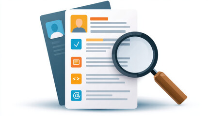 Focused recruiter scrutinizing resume with magnifying glass. An illustration representing skills based hiring, job application analysis, and checking candidate qualifications