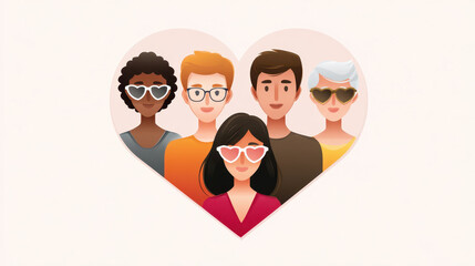 Happy diverse community of people in group show love and togetherness. An icon for inclusion, this group inside heart symbolizes support and social connection for everyone