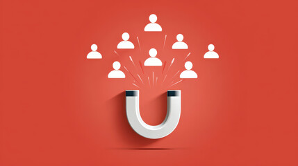 Powerful magnet attracting people icons on red background. concept illustrating talent retention, employee recruitment, customer acquisition, and successful engagement marketing