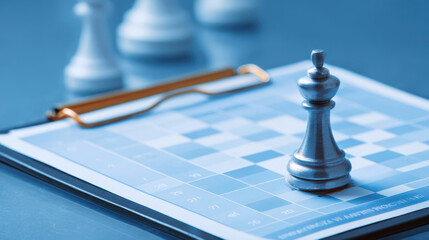 Focused silver chess king piece on clipboard with blueprint. serious concept of business strategy, planning, leadership, and competition for success on blue background