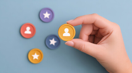 Strategic talent acquisition with hand picking candidate icon. This represents human resource management, recruitment, making right choice for team building and business growth
