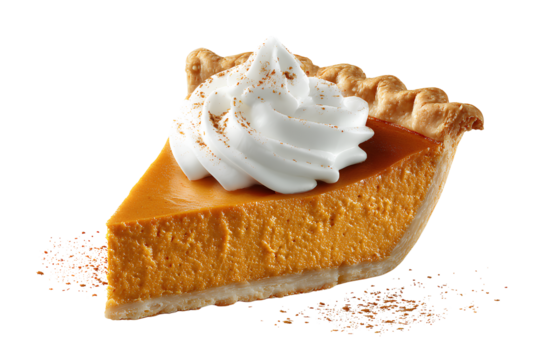 A slice of classic pumpkin pie with a swirl of whipped cream, isolated on transparent background.