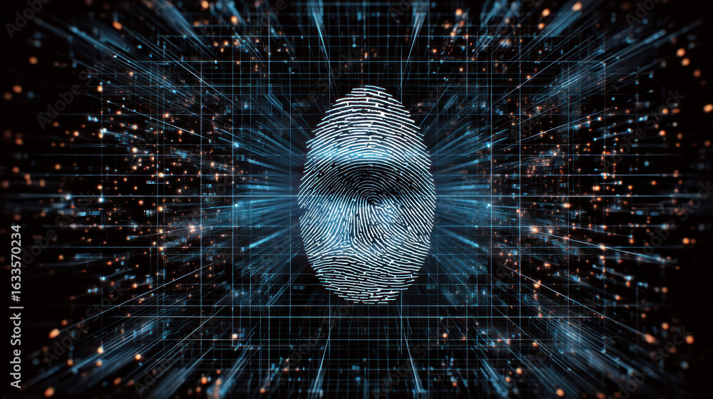 Poster digital fingerprint representing biometric identity and cyber security. intense futuristic concept o