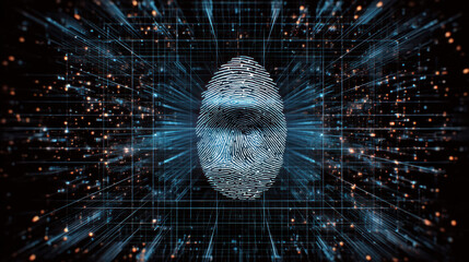 Digital fingerprint representing biometric identity and cyber security. Intense futuristic concept of data protection technology showing system vulnerability and password safety