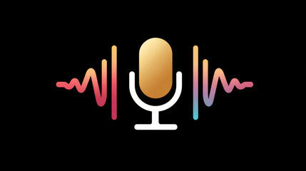 Dynamic microphone icon with colorful waveform for voice search optimization. Audio symbol representing sound technology, speech recognition, and communication on black background