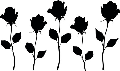 Collection of black rose silhouettes with stems and leaves