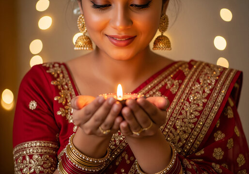 Diwali celebration: Beautiful Woman in Traditional Jewelry Offering Prayers with an Oil Lamp Diwali celebration 