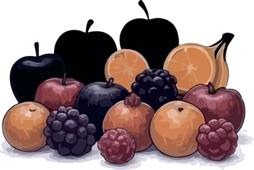 Vibrant Still Life Painting of Assorted Fruits Featuring Apples Oranges and Berries in a Colorful and Appetizing Composition