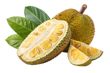 Fototapeta premium Whole and sliced ripe jackfruit with green leaves isolated on transparent background