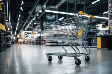 Empty Shopping Cart in Modern Grocery Store Aisle Interior Space