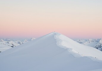 Minimalist snowy mountain peak under soft pastel pink sky at dawn, with subtle human figures creating a sense of scale and serenity in a winter wilderness.