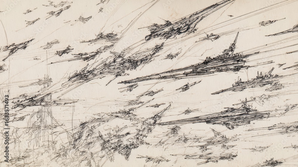 Poster intricate sketch of a vast fleet of spaceships.