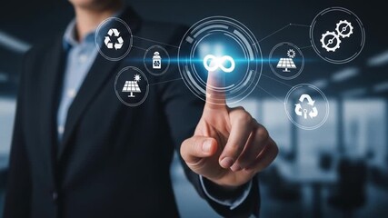 Business Professional Interacting with Digital Sustainability and Technology Icons in Modern Office - Powered by Adobe