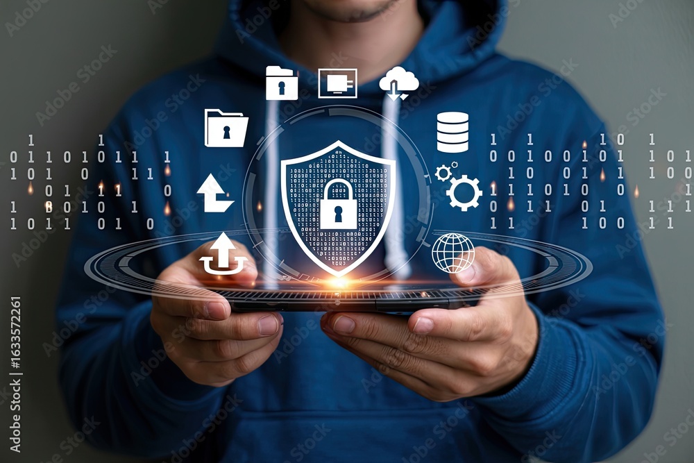 Poster person holding a smartphone displaying a digital shield with a padlock representing cybersecurity an